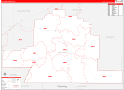 Big Horn County, MT Wall Map Zip Code Red Line Style 2024